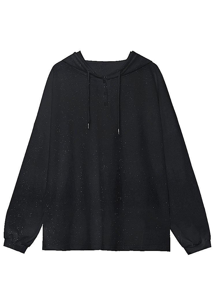 Unique Black Loose Hooded Button Sequins Fall Sweatshirt