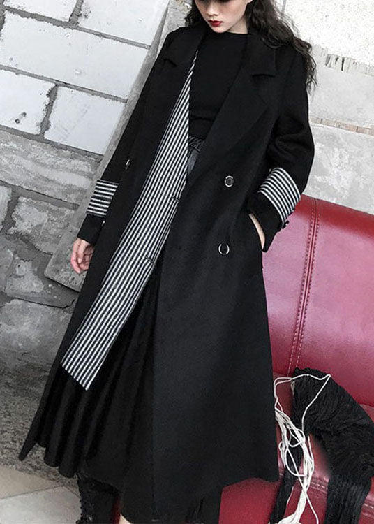 Unique Black Peter Pan Collar Pockets Striped Patchwork Woolen Coats Spring