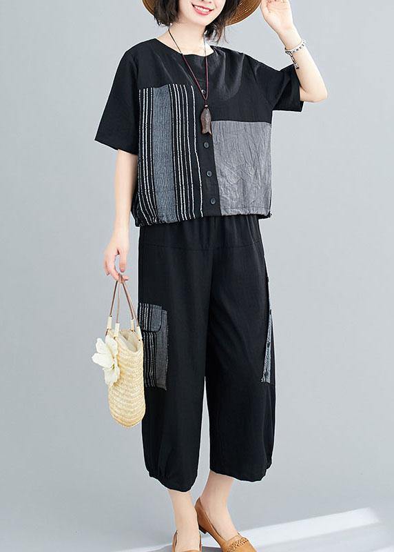 Unique Black asymmetrical design Linen Button Summer Two Pieces Set