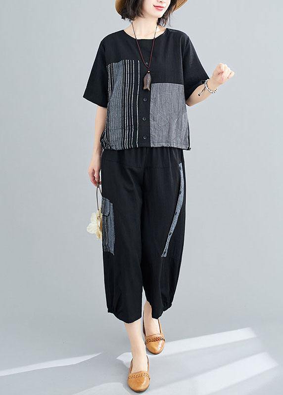 Unique Black asymmetrical design Linen Button Summer Two Pieces Set