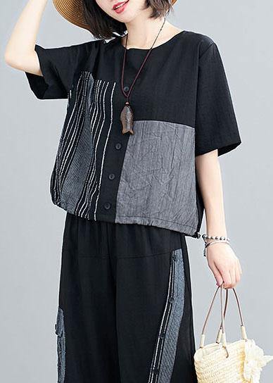 Unique Black asymmetrical design Linen Button Summer Two Pieces Set