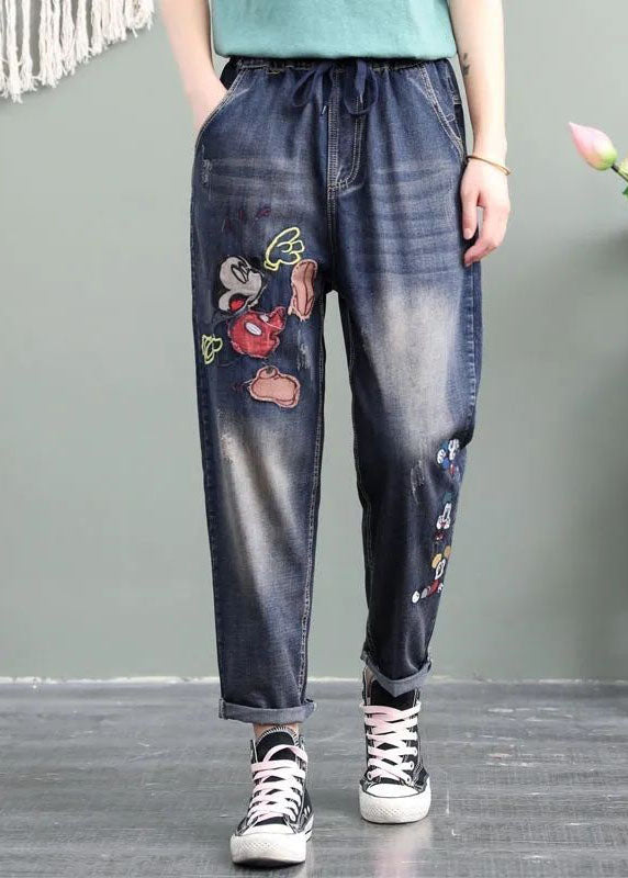 Unique Blue Cartoon Embroideried Pockets Patchwork Denim Pants Spring