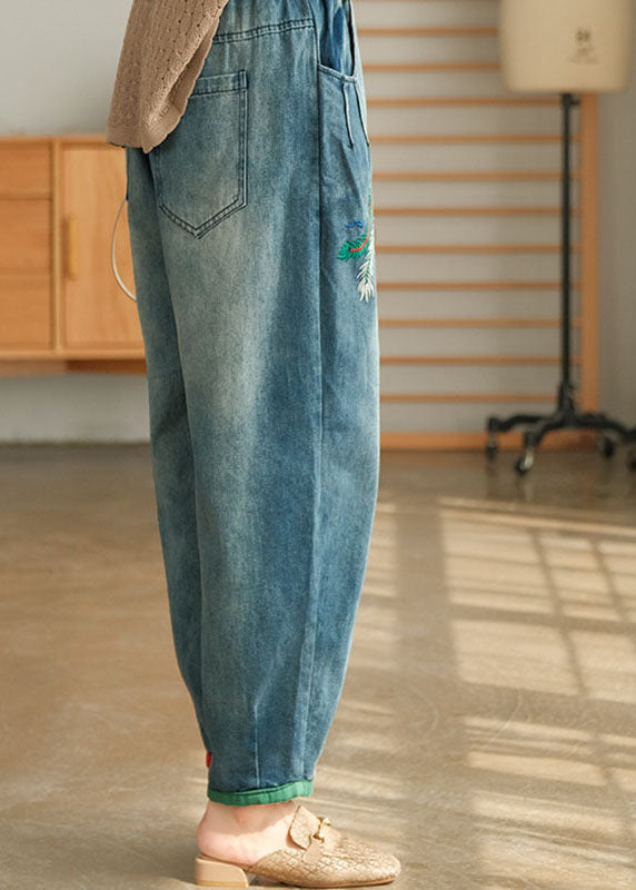 Unique Blue Casual Pockets Embroideried Harem Fall Denim Pants