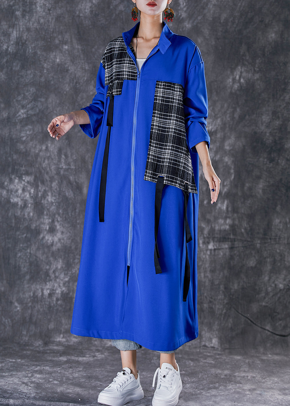 Unique Blue Oversized Patchwork Applique Cotton Trench Coat Fall