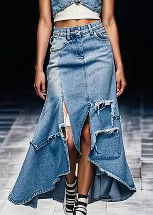 Unique Blue Side Open Low High Design Denim Skirt Summer