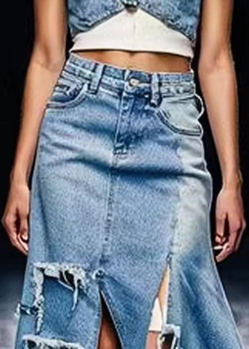 Unique Blue Side Open Low High Design Denim Skirt Summer