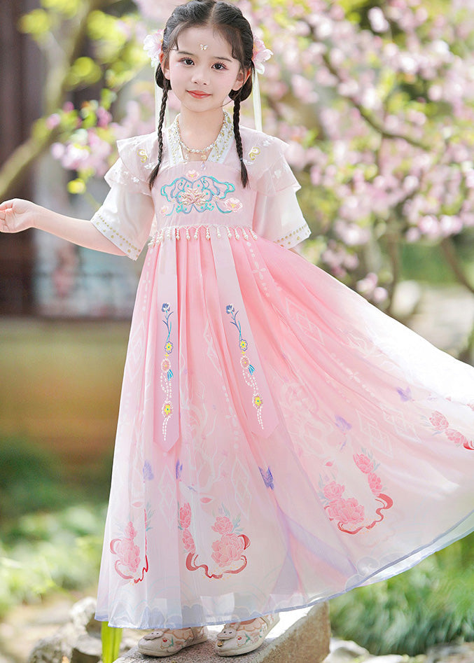 Unique Blue V Neck Embroideried Tassel Kids Girls Maxi Dresses Short Sleeve