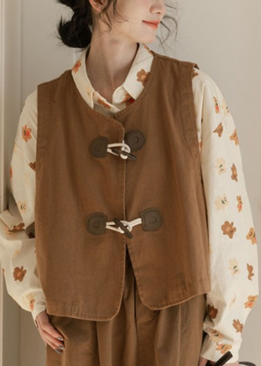 Unique Caramel O-Neck Patchwork Button Waistcoat Fall