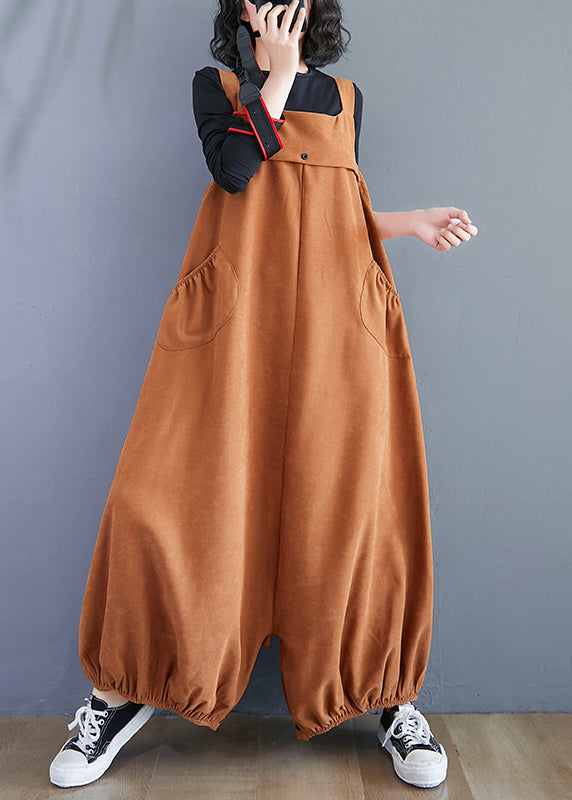 Unique Caramel Pockets High Waist Patchwork Corduroy Jumpsuit Fall