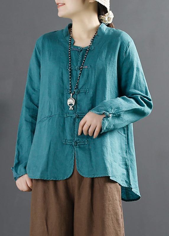 Unique Chinese Button Tops Women Sleeve Blue Blouse