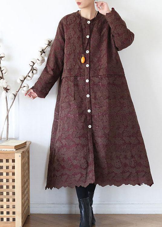 Unique Chocolate Retro Jacquard Pockets Fall Coats Long Sleeve