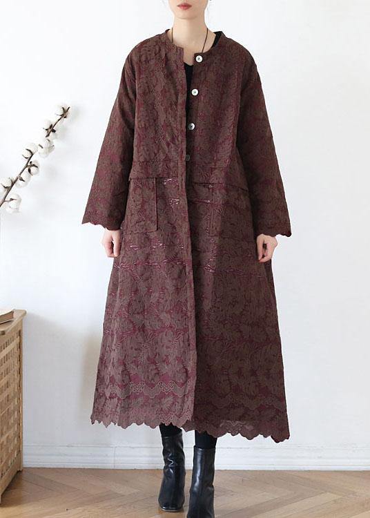 Unique Chocolate Retro Jacquard Pockets Fall Coats Long Sleeve