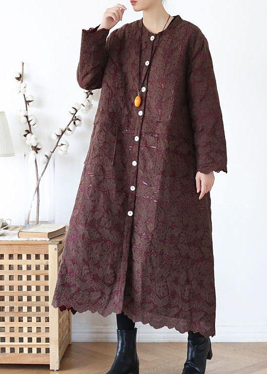 Unique Chocolate Retro Jacquard Pockets Fall Coats Long Sleeve