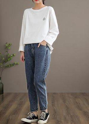 Unique Denim Dark Blue High Waist Spring Elastic Waist Pattern Wild Pants