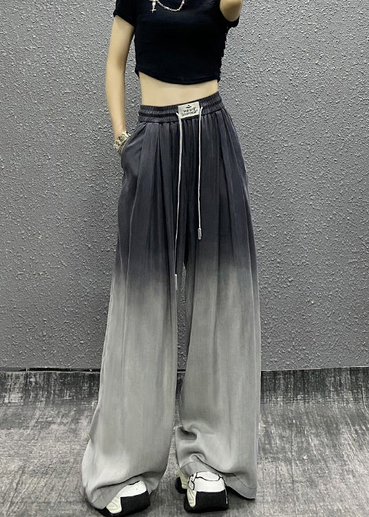 Unique Gradient Grey Pockets Drawstring Cotton Wide Leg Pants Spring