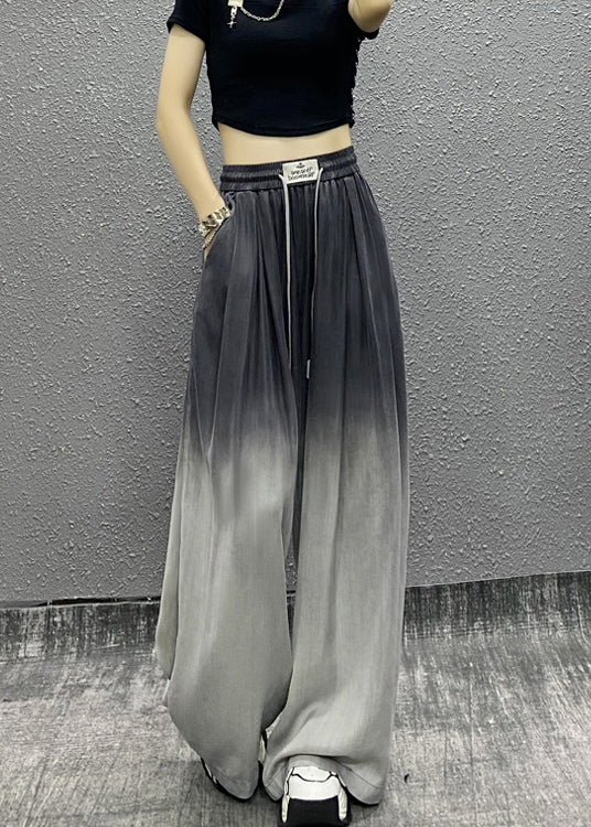 Unique Gradient Grey Pockets Drawstring Cotton Wide Leg Pants Spring