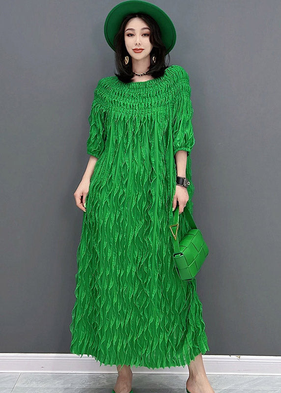 Unique Green O-Neck Wrinkled Silk Dresses Half Sleeve