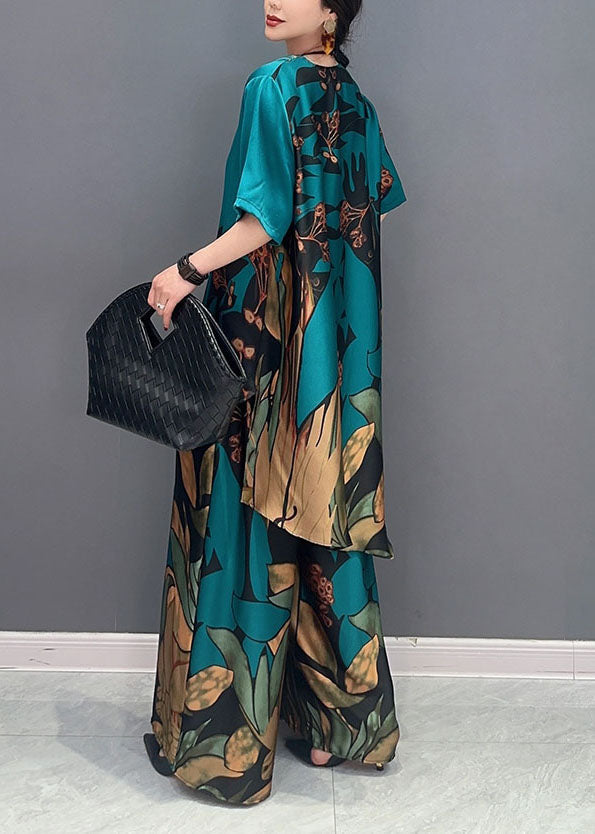 Unique Green Oversized Print Chiffon Women Sets 2 Pieces Summer