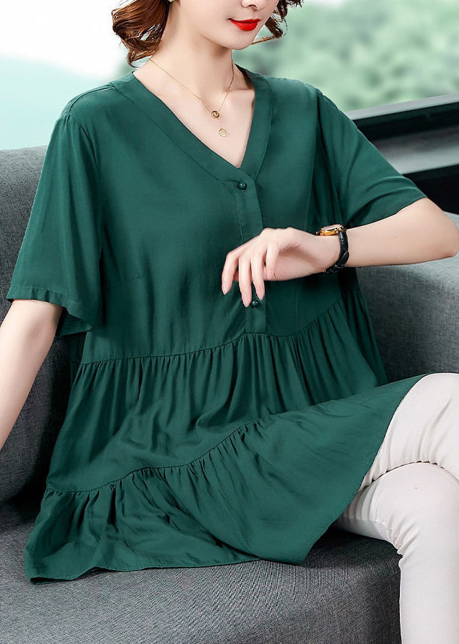 Unique Green V Neck wrinkled Ruffles Button Shirt Top Short Sleeve