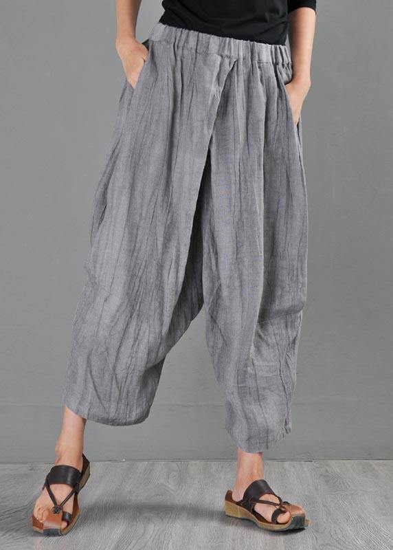 Unique Grey Elastic Waist Cotton Linen Wide Leg Summer Pants