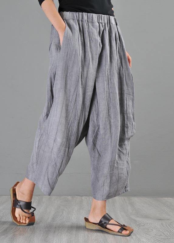 Unique Grey Elastic Waist Cotton Linen Wide Leg Summer Pants