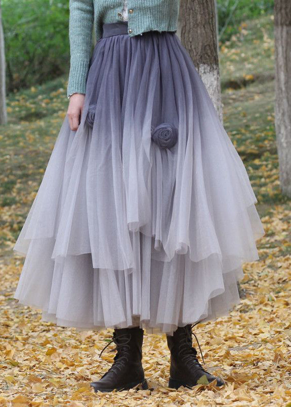 Unique Grey Gradient Color Stereoscopic Floral Tulle Skirts Spring