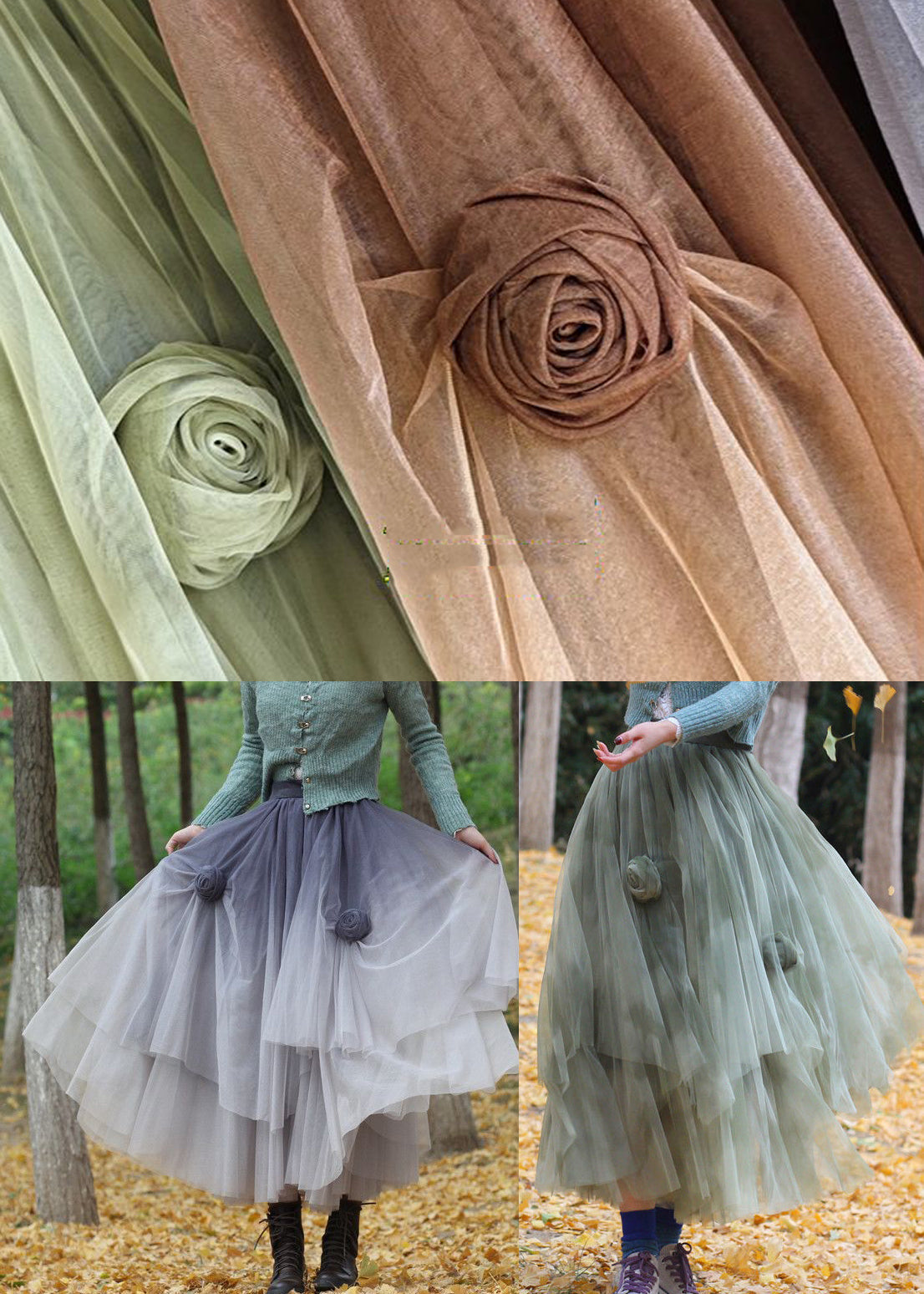 Unique Grey Gradient Color Stereoscopic Floral Tulle Skirts Spring