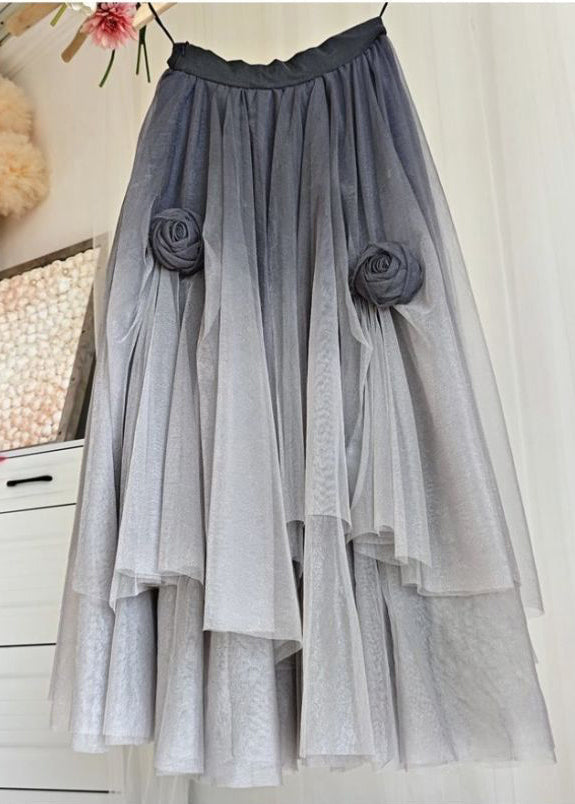 Unique Grey Gradient Color Stereoscopic Floral Tulle Skirts Spring