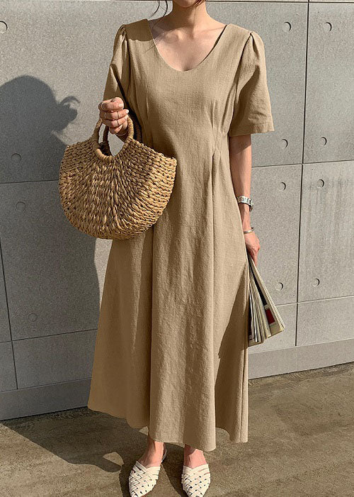 Unique Khaki V Neck Wrinkled Patchwork Cotton Dress Summer