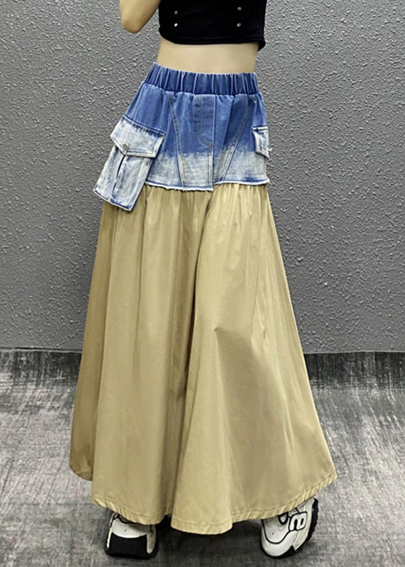 Unique Light Yellow Denim Patchwork Elastic Waist Pockets Skirt Summer