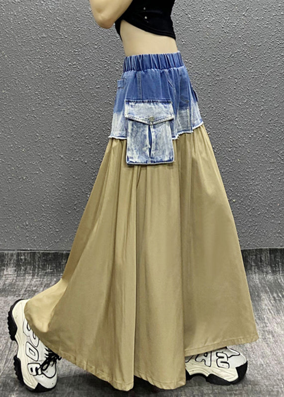 Unique Light Yellow Denim Patchwork Elastic Waist Pockets Skirt Summer