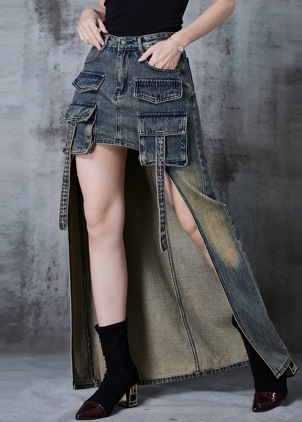 Unique Low High Design Pockets Denim Skirts Summer