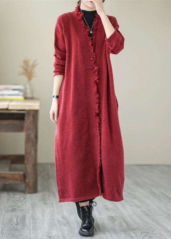 Unique Mulberry Tasseled Pockets Knit Spring Coat