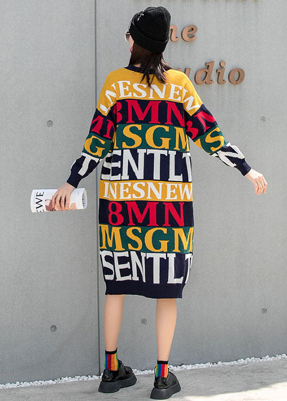 Unique O-Neck Loose Graphic Fall Knit Dress Long Sleeve