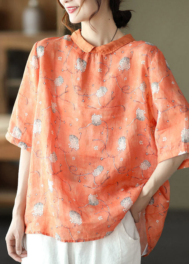 Unique Orange Peter Pan Collar Button Linen Top Half Sleeve