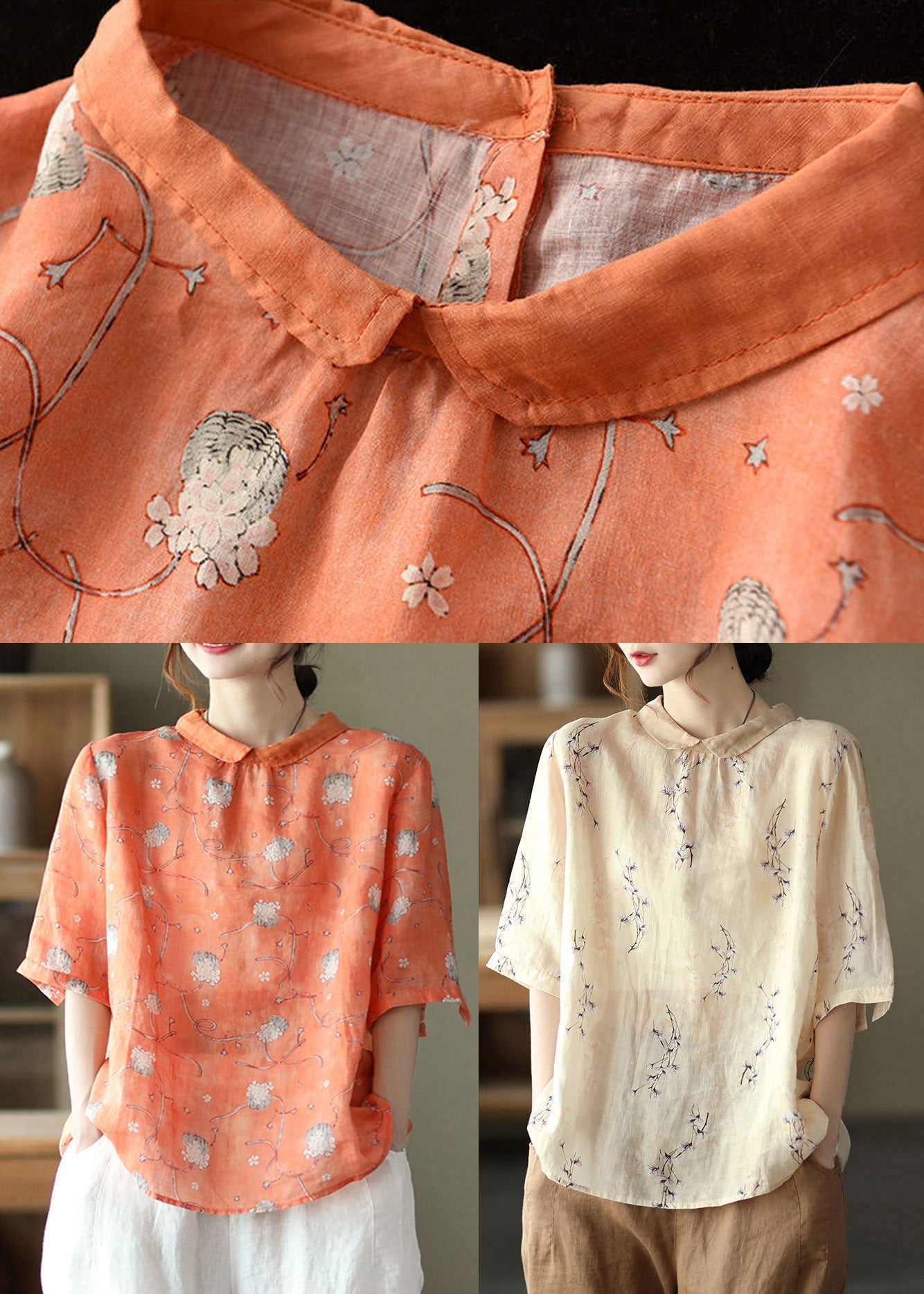 Unique Orange Peter Pan Collar Button Linen Top Half Sleeve