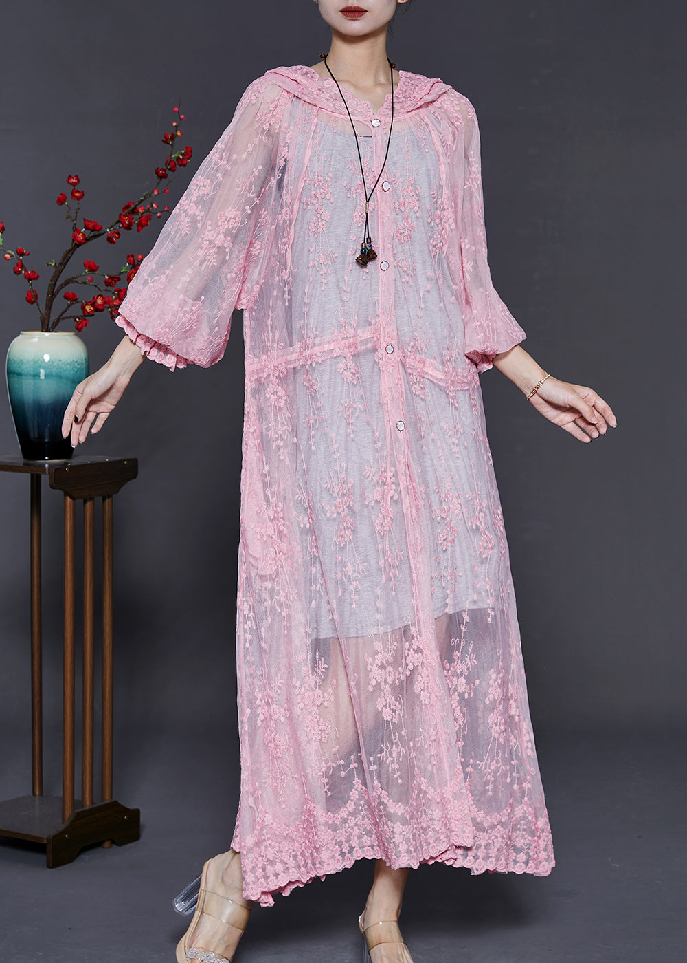 Unique Pink Embroidered Lace Hooded Cardigan Summer