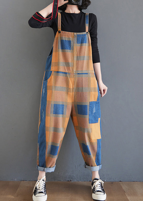 Unique Plaid Pockets High Waist Patchwork Cotton Jumpsuit Fall