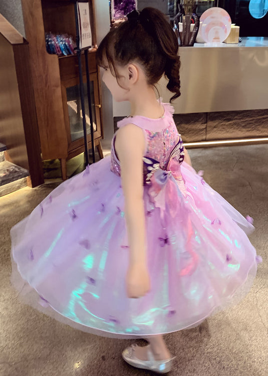 Unique Purple Sequins Butterfly Tulle Kids Girls Robe Dresses Summer