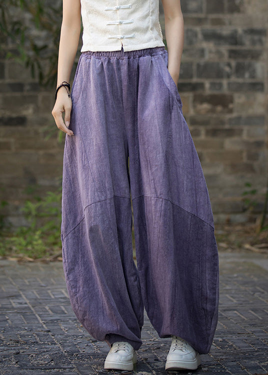 Unique Purple Tie Dye Pockets Linen Pants Summer