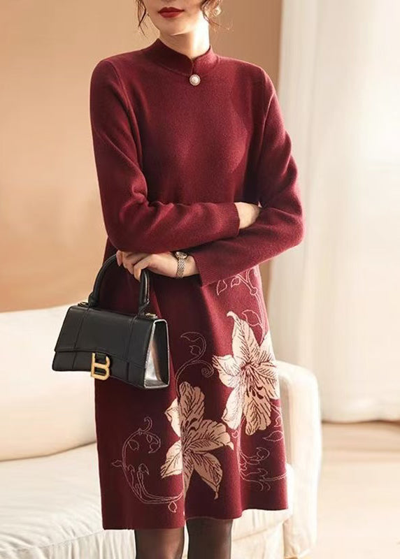 Unique Red Stand Collar Print Knitted Sweaters Dress Spring