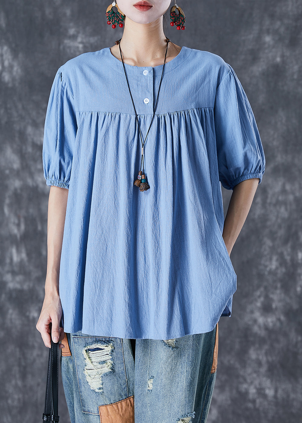 Unique Sky Blue Oversized Patchwork Linen Top Summer