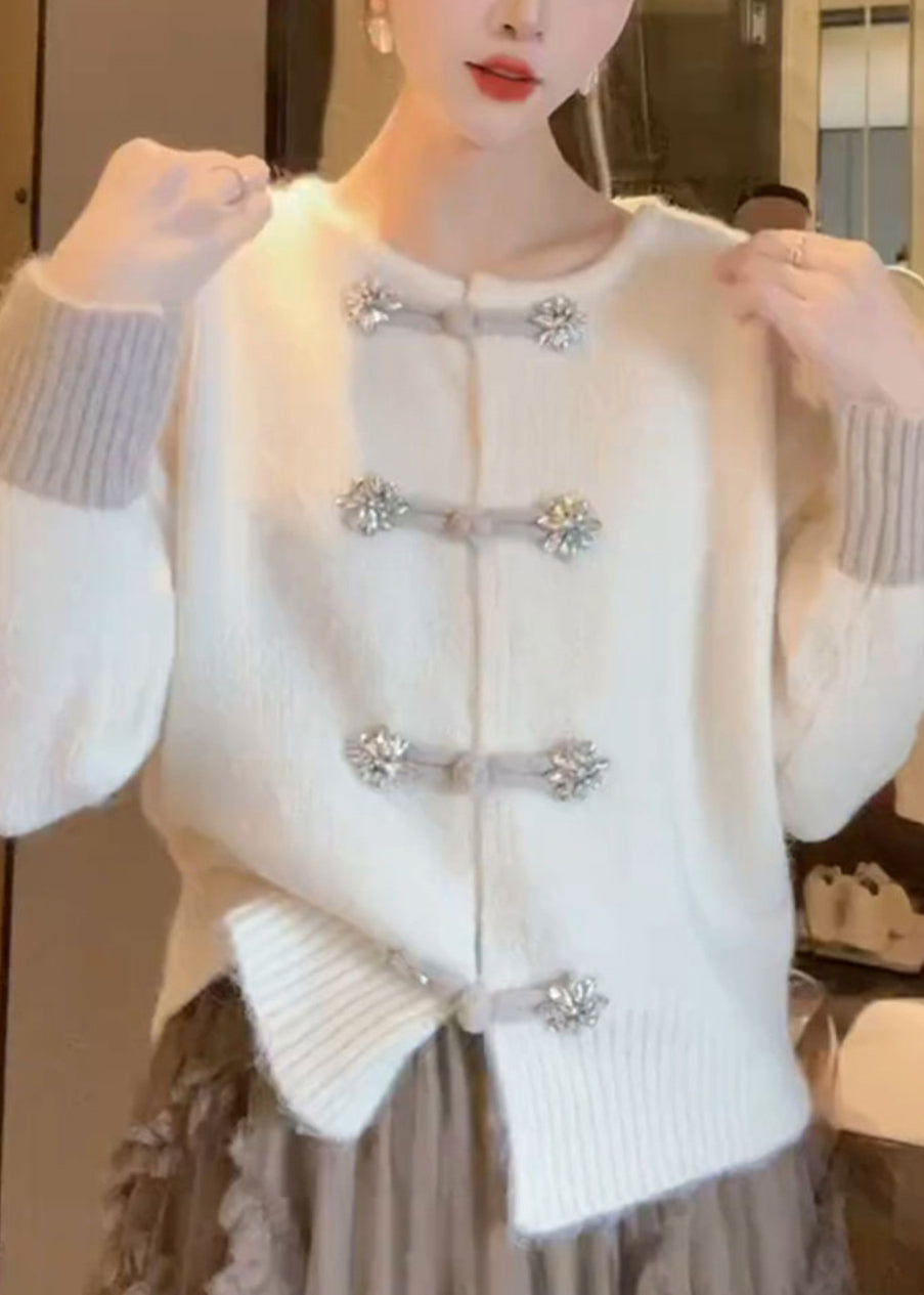 Unique White O Neck Chinese Button Knit Cardigan Fall