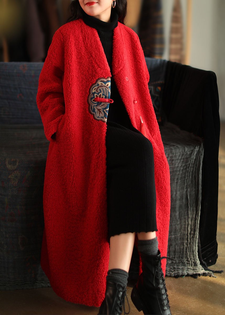 2025 Red Embroideried Patchwork Winter Thick Coats Wool Jackets