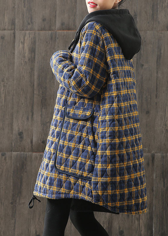 Unique Yellow Hooded Plaid Pockets Cotton Parkas Winter