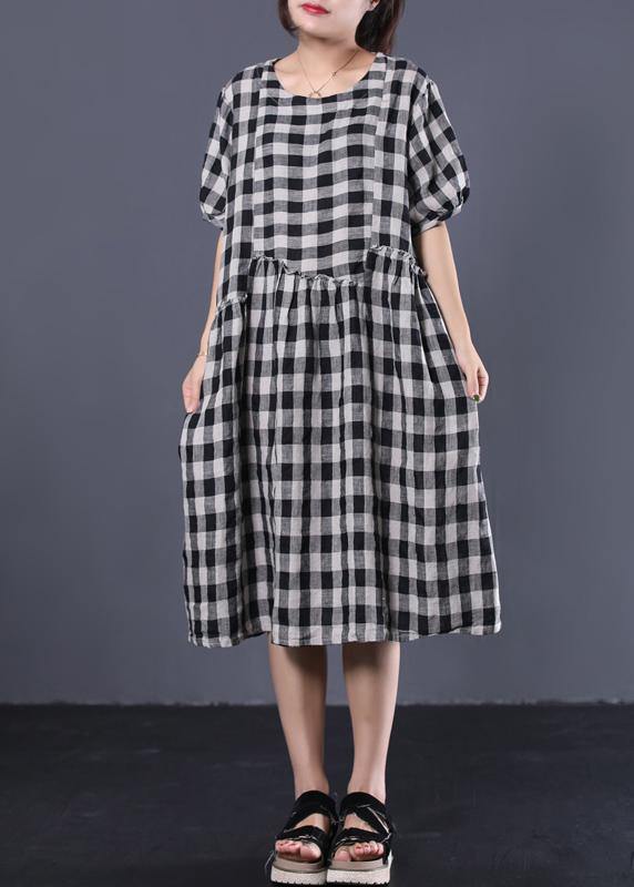 Unique black plaid cotton Tunics ruffles patchwork summer Dresses