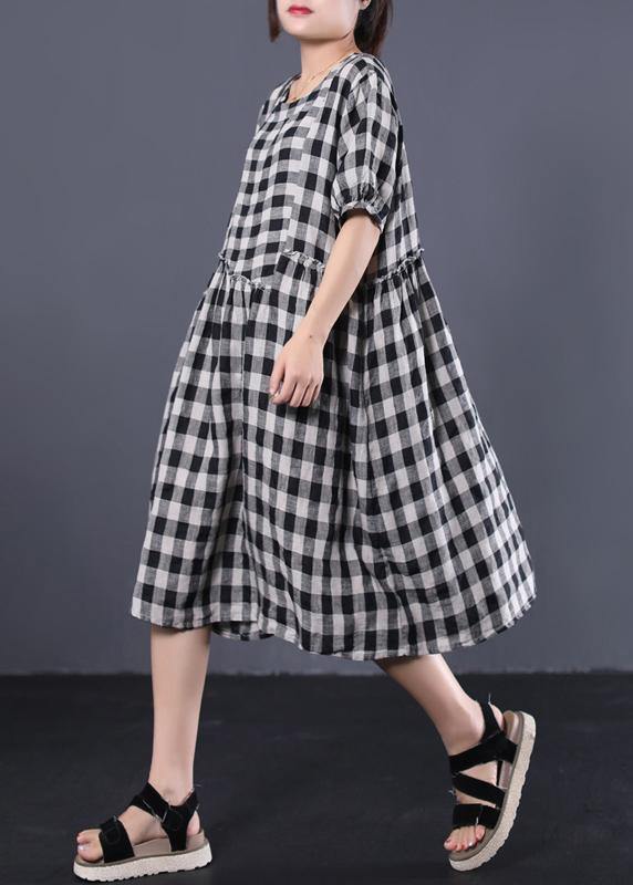 Unique black plaid cotton Tunics ruffles patchwork summer Dresses