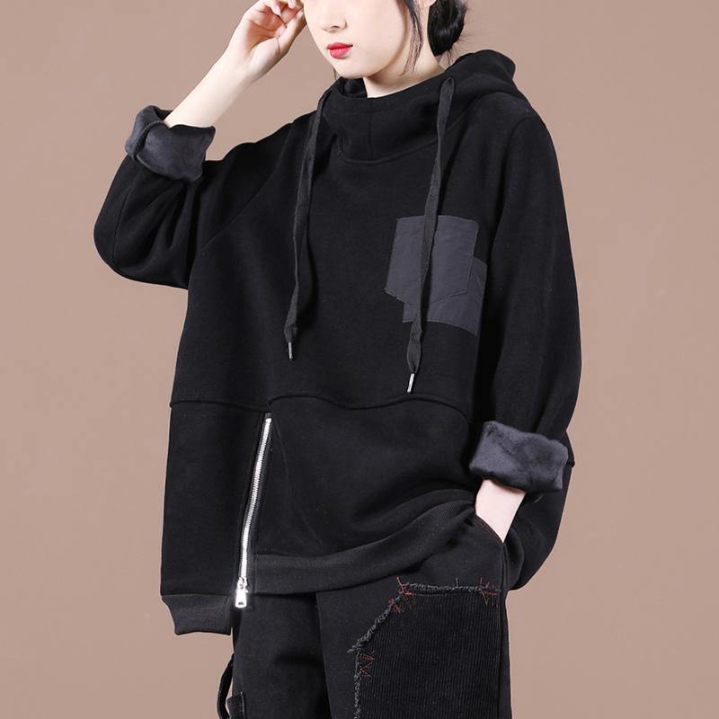 Unique hooded patchwork tunics for women Work Outfits black thick blouses