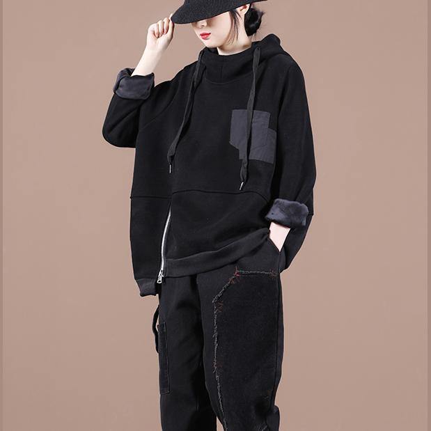 Unique hooded patchwork tunics for women Work Outfits black thick blouses