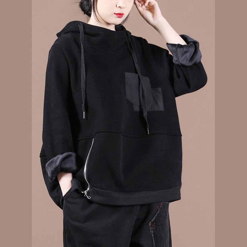 Unique hooded patchwork tunics for women Work Outfits black thick blouses